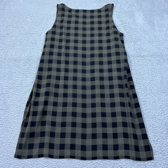 Eileen Fisher Dress 100% Silk Tunic Tank Buffalo Check Plaid Olive Black Large - Picture 9 of 11